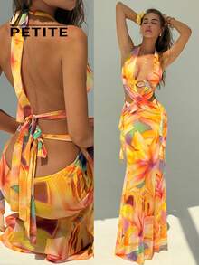 SHEIN Aloruh Petite Petite Women's Sexy Elegant Tropical Backless Criss-Cross Strap Tight Dress, Suitable For Summer Vacation, Beach Vacation Golden Yellow - Multicolor - View 1