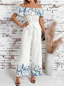 SHEIN Clasi 女士度假休闲印花露肩连体裤 - 杏色 - 查看 4