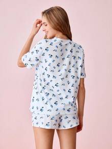 Bonmuse Conjunto de Pijama com Camiseta e Shorts Estampa Floral / Conjunto de Pijama para o Verão - Azul - Visão 2