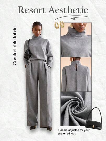 Zivah 20 Autumn New Music Festival, Easter, St. Patrick's Day, Birthday Party, Graduation Season, Casual Daily Wear, Vacation, Wedding Guest, Commute Style, Brunch Outfit, Airport Look, Party & Holiday Outfits, Elegant Banquet Mandarin Collar Pocket Decor Gray Shirt And Wide-Leg Suit Two Pieces Set Women's Sophisticated Clothing Grey Two Pieces Set Long Sleeve Top And Pants Set Pants Suit Co Ords Sets Women Gray Two Pieces Set Wrap Around Pants Wool Two Pieces Women's Tall Trousers Women's Work Clothes F