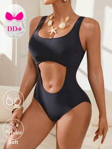 Swim DD+ Áo tắm liền thân màu trơn khoét eo dành cho nữ, thích hợp cho kỳ nghỉ biển, tiệc bể bơi, tiệc bãi biển. - màu đen - Xem 4