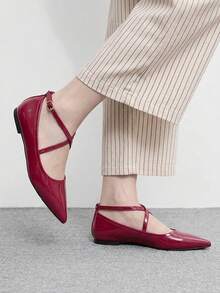 CUCCOO BIZCHIC Cross Strap Flat Bottom Fashion Pointed Toe Low Vamp Women's Shoes - Burgundy - View 1