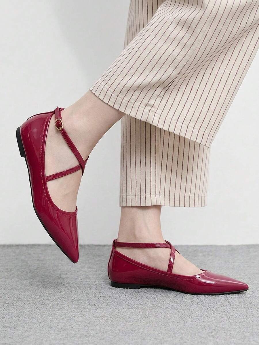 CUCCOO BIZCHIC Cross Strap Flat Bottom Fashion Pointed Toe Low Vamp Women's Shoes - Burgundy - View 1