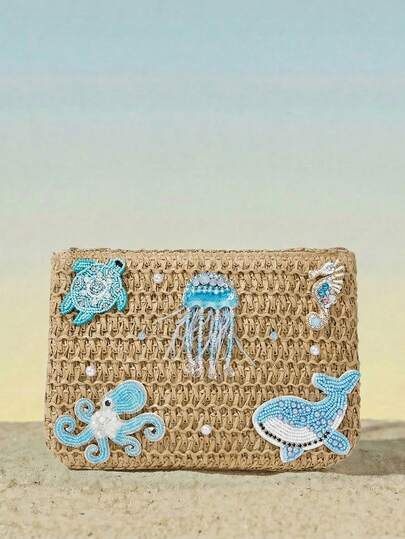 Viva Strut 1pc Ladies Women Fashionable Simple Beach Style Baby Blue Beaded Marine Elements Turtle Jellyfish Octopus Dolphin Pearl Decorative Clutch Bag, Suitable For Summer Vacation Beach Beach Beach Party, Is The Best Choice For Gifts