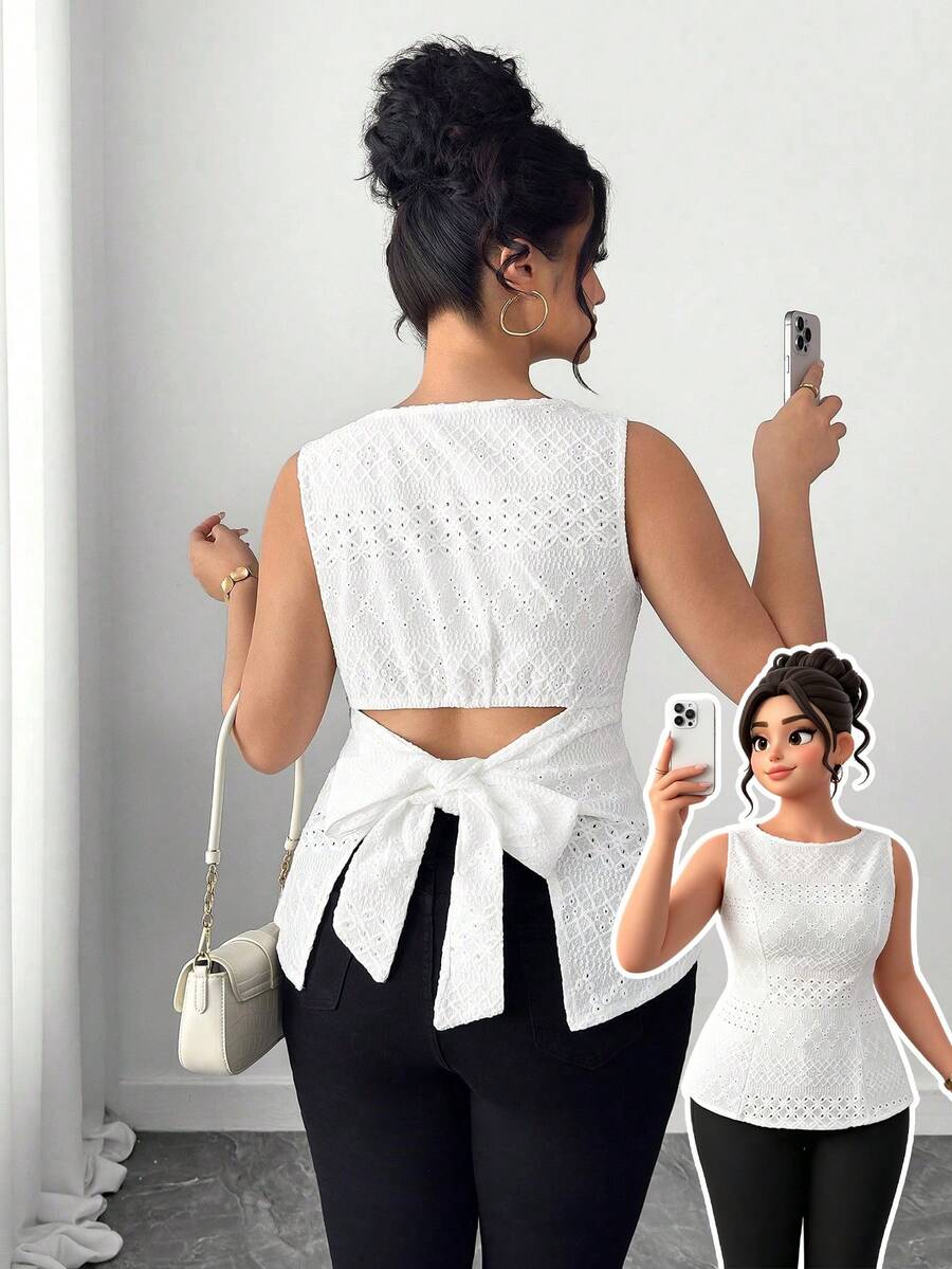 Elenzga Plus Size Women's Summer White Elegant Wedding Guest Blouse,Round Neck Sleeveless Bow-Tie Backless Hollow Eyelet Knit Casual Vacation Tops,Zanzea - White - View 1
