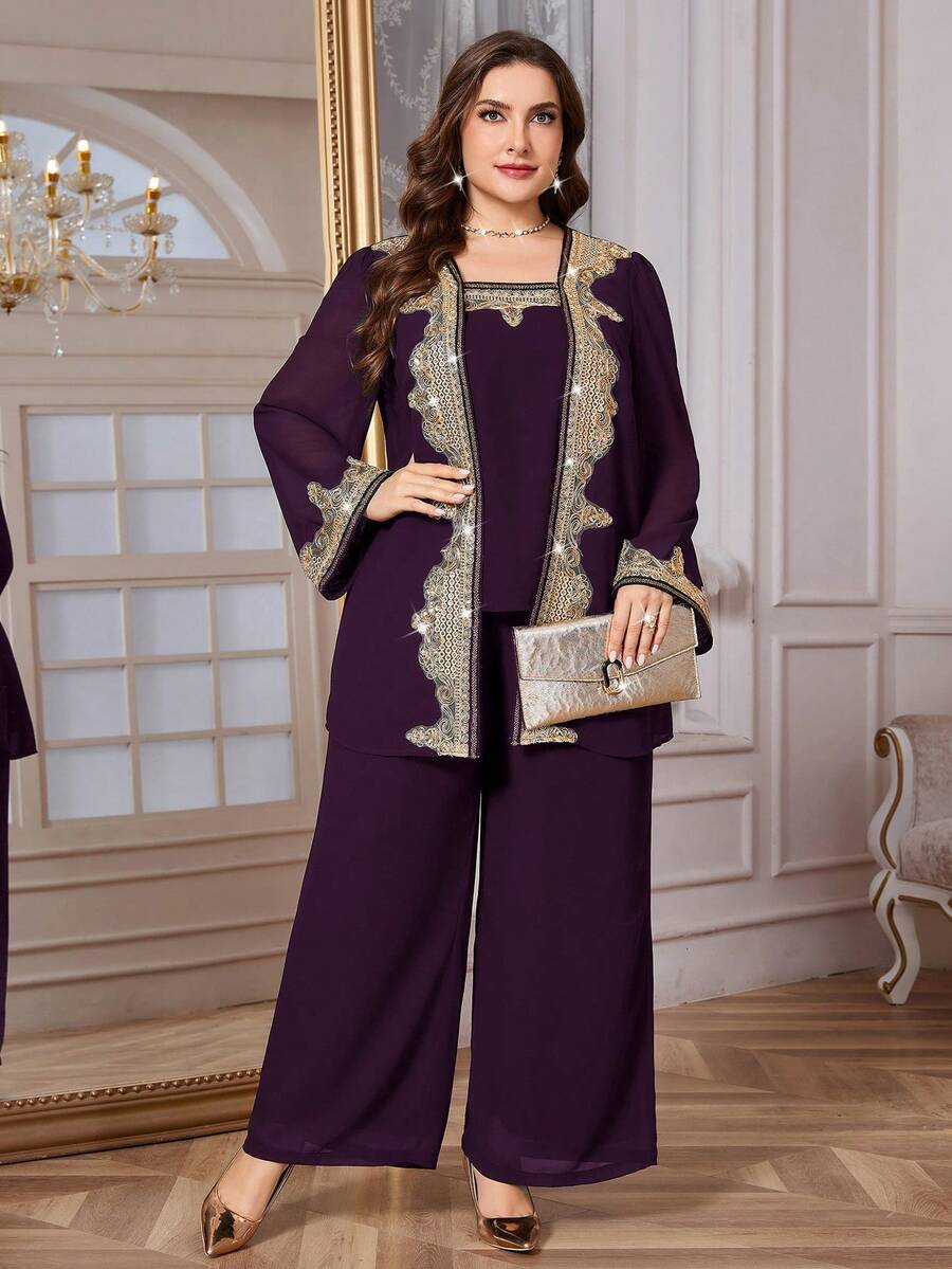 Reflora Plus Size Women's 2 Pieces Set, Elegant Purple Rhinestone Decorated 2 Pieces Outfit For Gatherings, Autumn/Winter - Purple - View 1