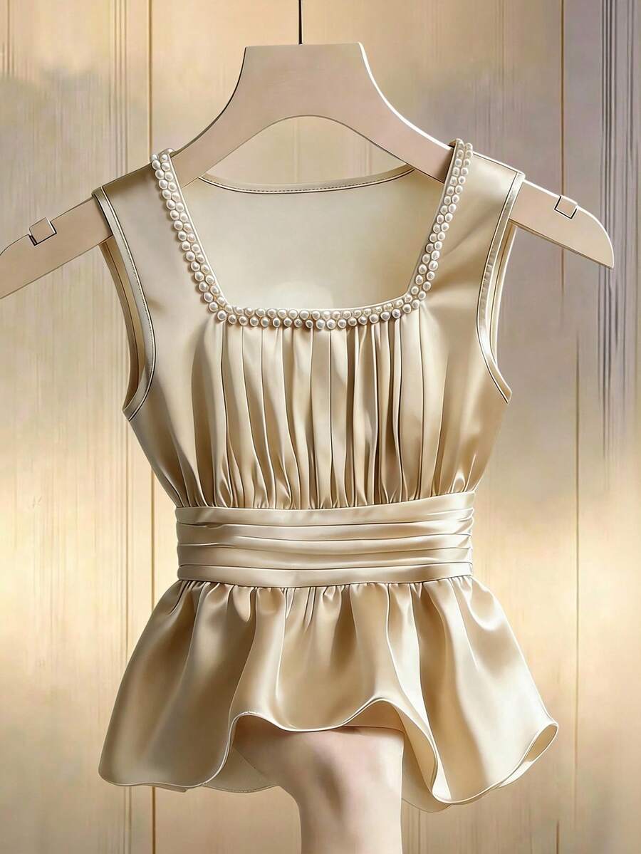 Franclia Áo kiểu không tay xếp ly eo, trang trí hạt cườm lấp lánh, chất liệu satin dành cho nữ cỡ lớn. - Rượu sâm banh - Xem 1
