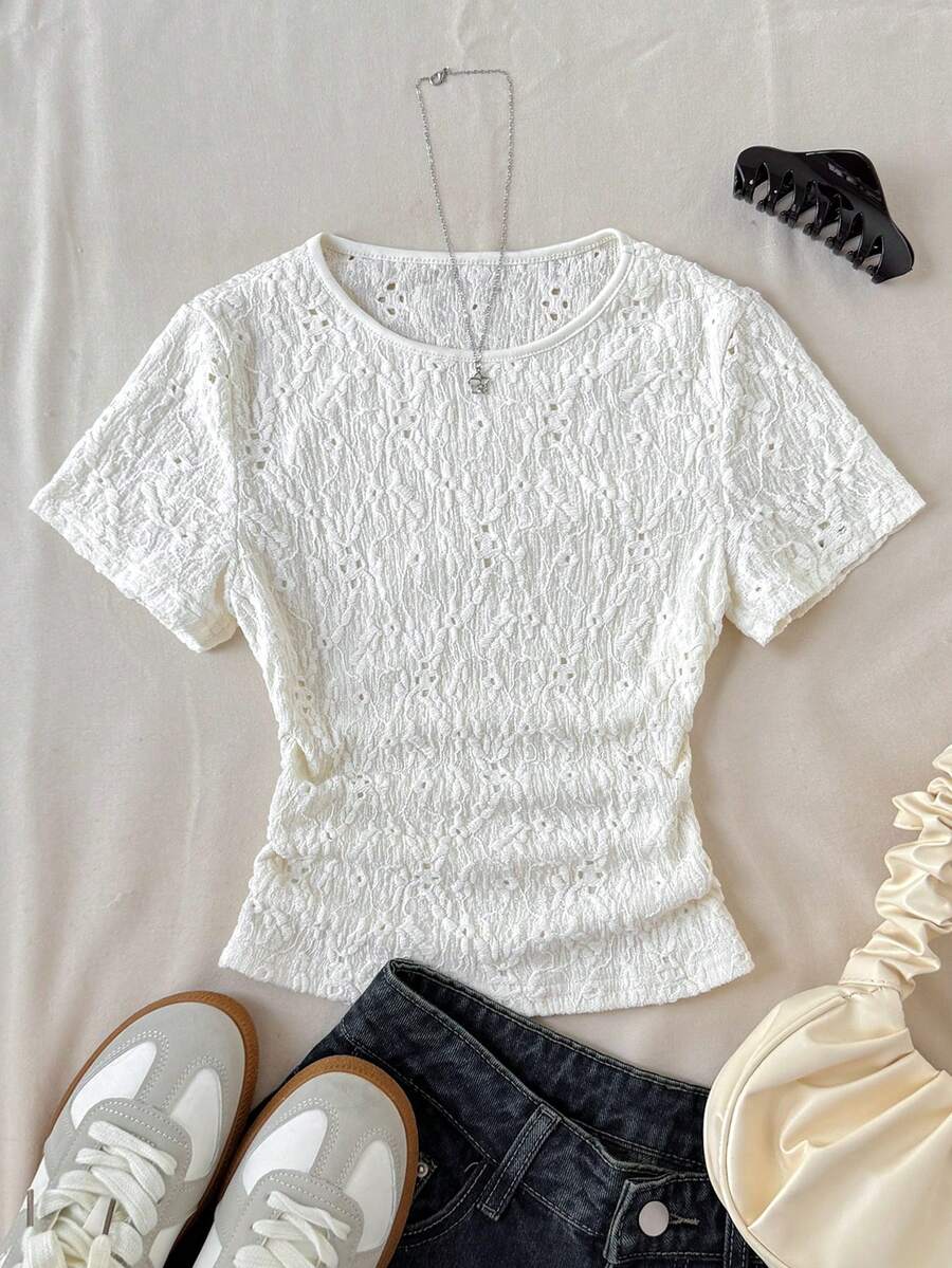 SHEIN Blusa de cuello redondo de manga corta de punto informal para niñas preadolescentes - Beis - Ver 1