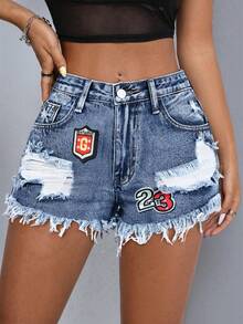 SHEIN PETITE 女士春夏毛边深蓝色牛仔短裤 - 深色水洗藍 - 查看 1