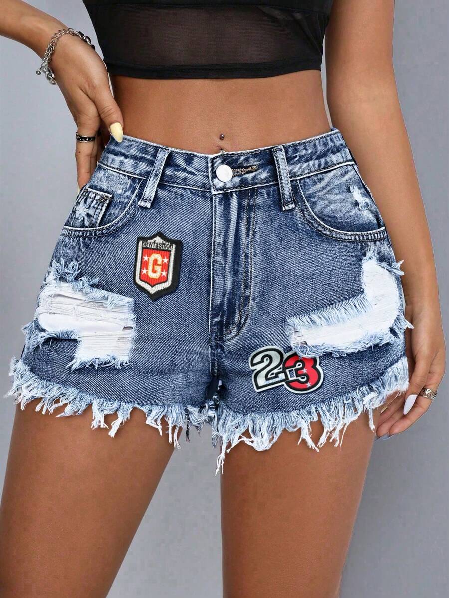 SHEIN PETITE 女士春夏毛边深蓝色牛仔短裤 - 深色水洗藍 - 查看 1