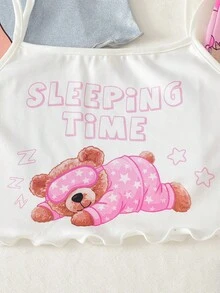 6件套女童夏季休闲舒适可爱卡通爱心、蝴蝶结、樱桃印花背心和短裤三件套家居服 - 彩色 - 查看 10