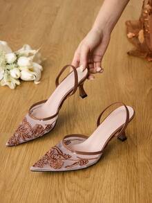 CUCCOO HITCHD Women's Shoes Spring And Summer New Pointed Kitten Heel Flower Lace Embroidery Beaded Brown Mesh Comfortable Elegant Women's High Heels Shoes Slingbacks Bridal Shoes Wedding Dinner Party - dark brown - View 6