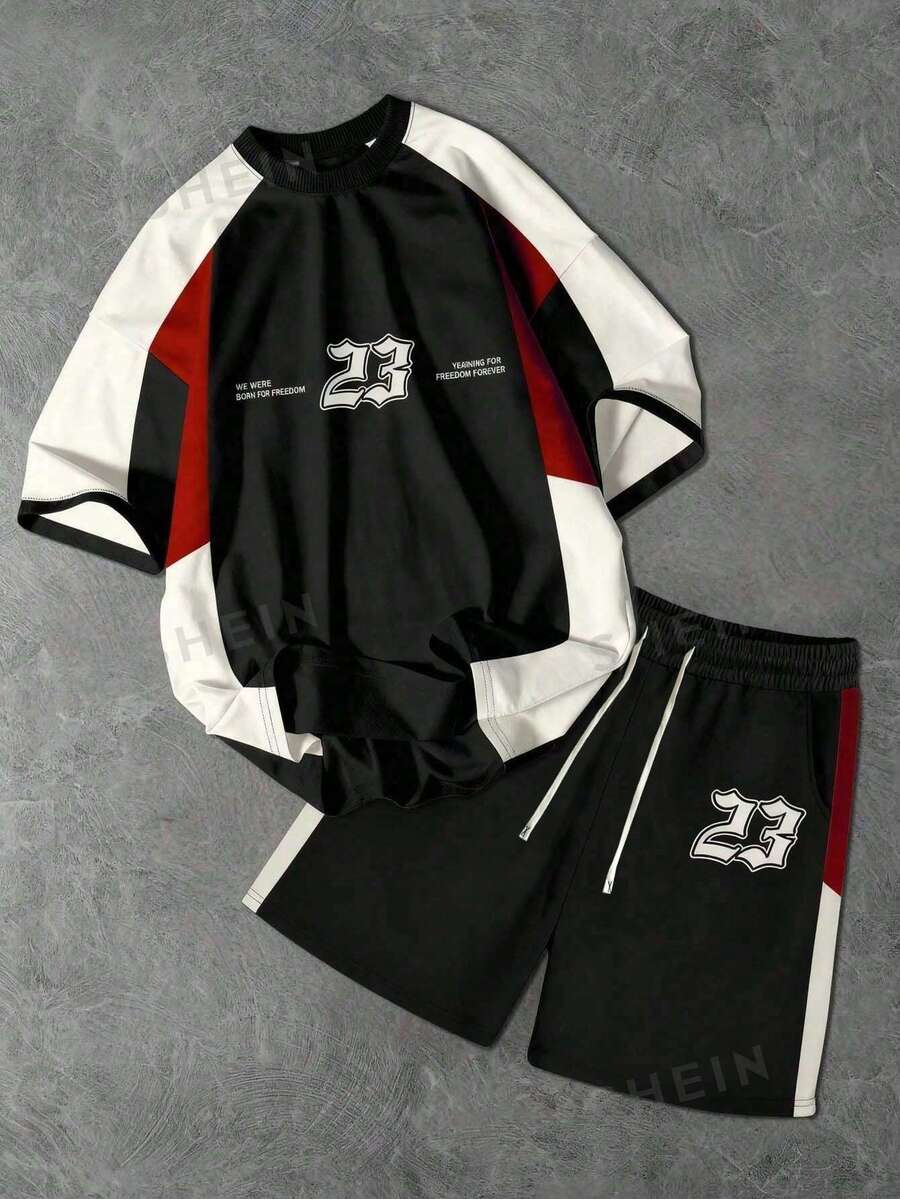 Manfinity EMRG Plus Size Men's Casual Street Style Shorts And T-Shirt Set Mans 2 Pieces Set 2 Pieces Outfits Tracksuits For Men Two Pieces Men Clothes Two Piece - Black - View 1