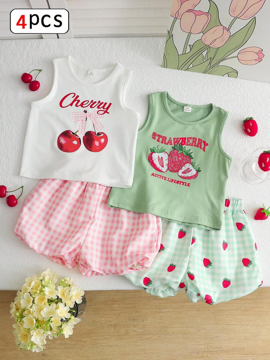 SHEIN Playful Pals 4件套:女童甜美樱桃草莓印花吊带背心和草莓格子碎花短裤,清新夏日度假风,适合海滩、旅行和其他夏季场合。 - 彩色 - 查看 1