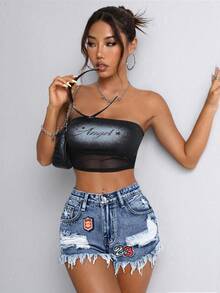 SHEIN PETITE 女士春夏毛边深蓝色牛仔短裤 - 深色水洗藍 - 查看 4