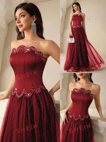 Coutiva Women's Rhinestone Embellished Mesh Patchwork Maxi Formal Gown (Heavy Embroidery) - Burgundy - View 3