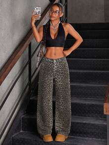 SHEIN Tall Jeans de mujer de pierna ancha y cintura baja con estampado de leopardo lavado de moda - Multicolor - Ver 4