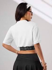 Easithlete Women's Fashion Minimalist Letter Print Contrast Color Cropped Sports Polo Shirt,Black And White,Summer,Casual,Golf Y2k Gym Cover Up Graphic Crop Top - White - View 2