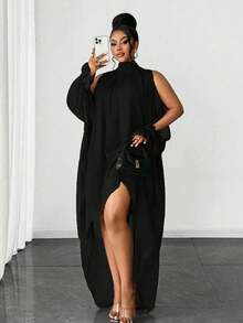 Maweii Vestido elegante de cuello mao de unicolor con bajo asimétrico para tallas grandes - Negro - Ver 1