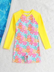 SHEIN 新款时尚少女粉色碎花连体泳衣，休闲优雅奢华，针织面料，拉链设计方便穿脱，适合海滩、度假、海边游泳，是夏季游泳的完美之选 - 黃色 - 查看 3