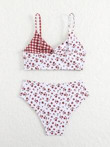 SHEIN 2件套少女格子碎花弹力速干舒适针织面料连体泳衣，适合海滩、泳池、冲浪、度假、夏季旅行 - 彩色 - 查看 2