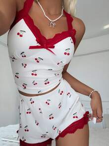 Bộ đồ ngủ gồm áo hai dây và quần short cổ chữ V phối ren, in hình quả anh đào, phong cách gợi cảm. - Đỏ - Xem 5