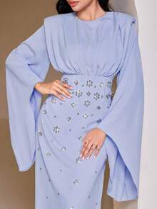 Veilorie Vestido elegante de estilo árabe con cuello redondo, mangas acampanadas, volantes y decoración de flores y diamante de imitación para mujer - Azul - Ver 8