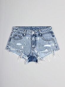SHEIN 低腰时尚休闲街头风做旧铆钉水洗牛仔短裤（女款） - 淺色水洗藍 - 查看 3