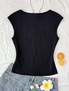 SHEIN Áo thun ngắn tay màu đen dáng casual dành cho nữ tuổi teen - màu đen - Xem 2