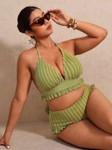 Elaquor Conjunto de bikini de talla grande con volantes, unicolor, con abertura lateral - Verde - Ver 5