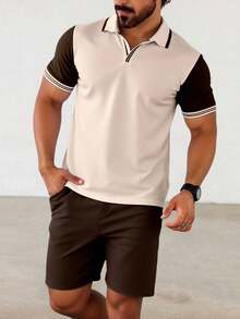 Manfinity Homme Men's Contrast Color Striped Polo Shirt And Shorts Set - Brown - View 4