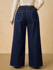 SHEIN Tall CURVE Plus Size Solid Color Slant Pocket Pleated Loose Fit Jeans - Dark Wash - View 2