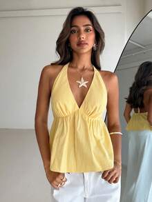 Aloruh Áo sơ mi nữ 100% cotton cổ chữ V sâu, hở lưng, buộc dây, kiểu dáng tối giản, thích hợp cho kỳ nghỉ. - Màu vàng - Xem 5