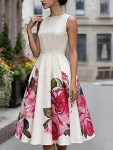 Balvessa 法式复古印花收腰A字中长连衣裙，无袖显瘦优雅连衣裙 - 彩色 - 查看 5