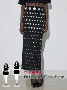 SHEIN Tall CURVE 加大码黑色简约日常半身裙，饰有圆形图案 - 黑色 - 查看 7