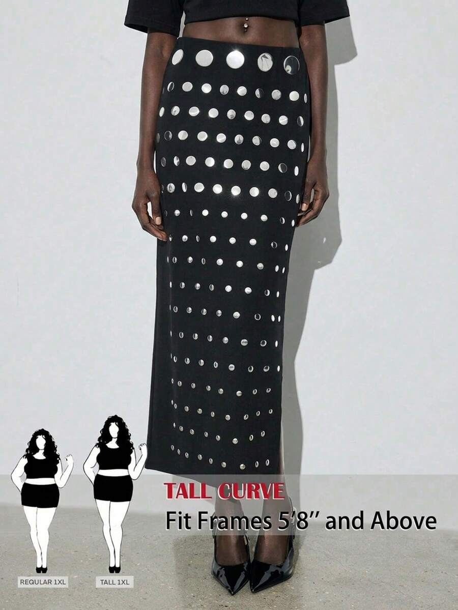 SHEIN Tall CURVE 加大码黑色简约日常半身裙，饰有圆形图案 - 黑色 - 查看 1