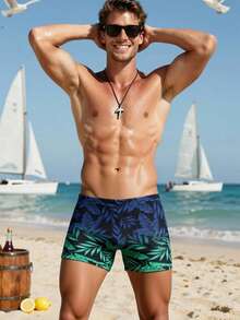 Manfinity Swimmode Men's Ombre Leaf Print Fashion Swim Trunks - Black - View 4