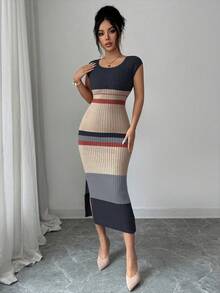 Elenzga Vestido de punto elegante de manga corta con cuello en U, ajustado, de largo medio con abertura en el bajo, diseño de rayas, estilo versátil de señora, nuevo para primavera/verano - Multicolor - Ver 6