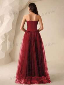 Coutiva Women's Rhinestone Embellished Mesh Patchwork Maxi Formal Gown (Heavy Embroidery) - Burgundy - View 2