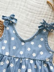 SHEIN Vintaside Kids 女婴无袖碎花连衣裙，简约清新乡村风，适合户外旅行和海滩玩耍，春夏款。 - 藍色 - 查看 5
