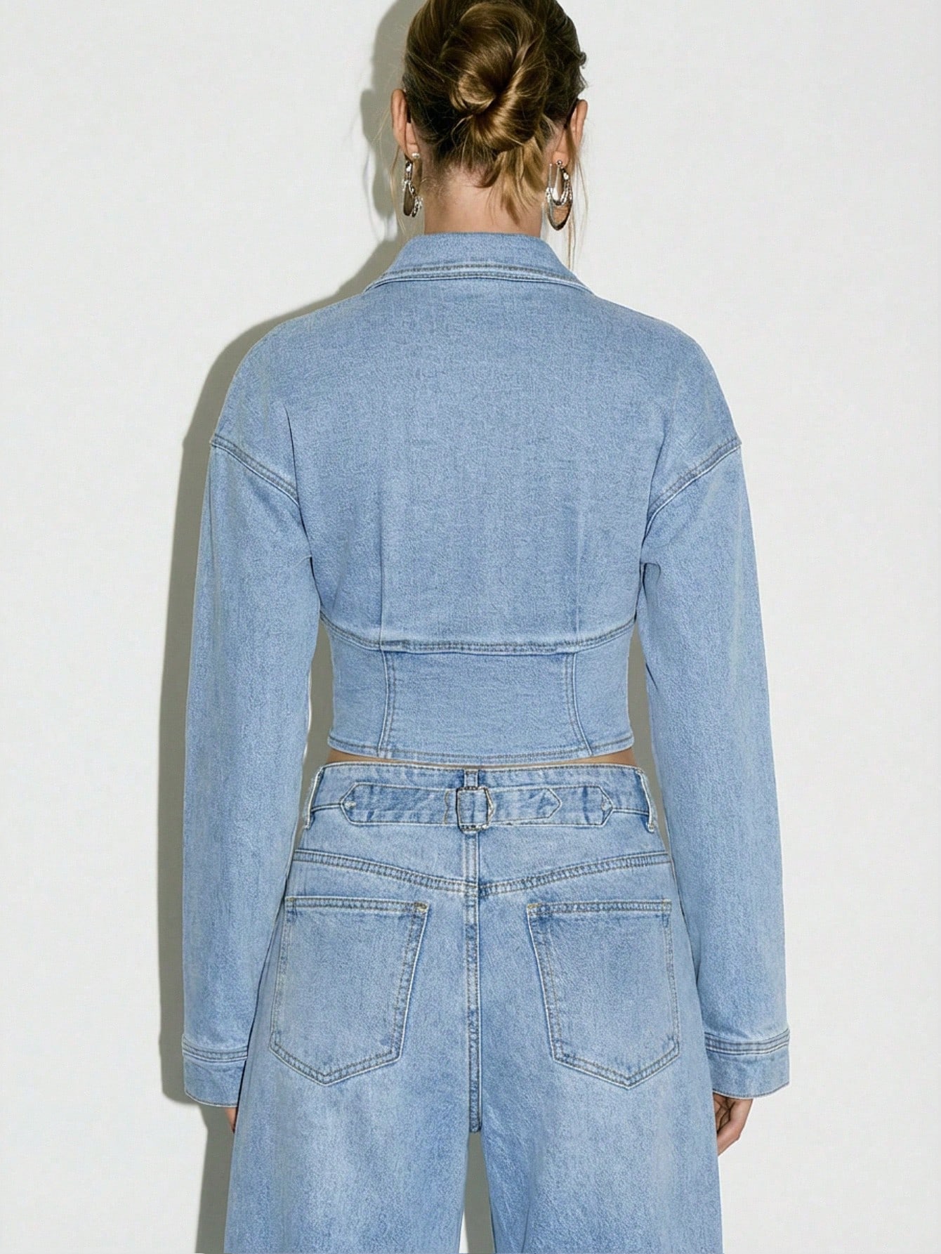 KIZN Cropped Front Zip Denim Jacket With Collar