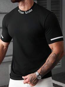 Manfinity CasualCool 男士修身高领短袖T恤，印有“请离开”字样，袖口采用单条纹设计 - 黑色 - 查看 5