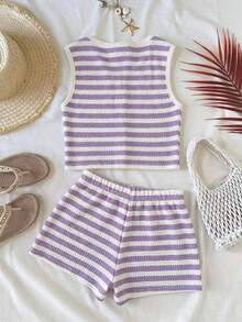 SHEIN Bộ đồ cơ bản 2 mảnh cho bé gái tuổi teen, gồm áo croptop không tay và quần short rộng, màu nâu trắng kẻ sọc, thích hợp cho kỳ nghỉ xuân/hè. - Màu tím - Xem 2