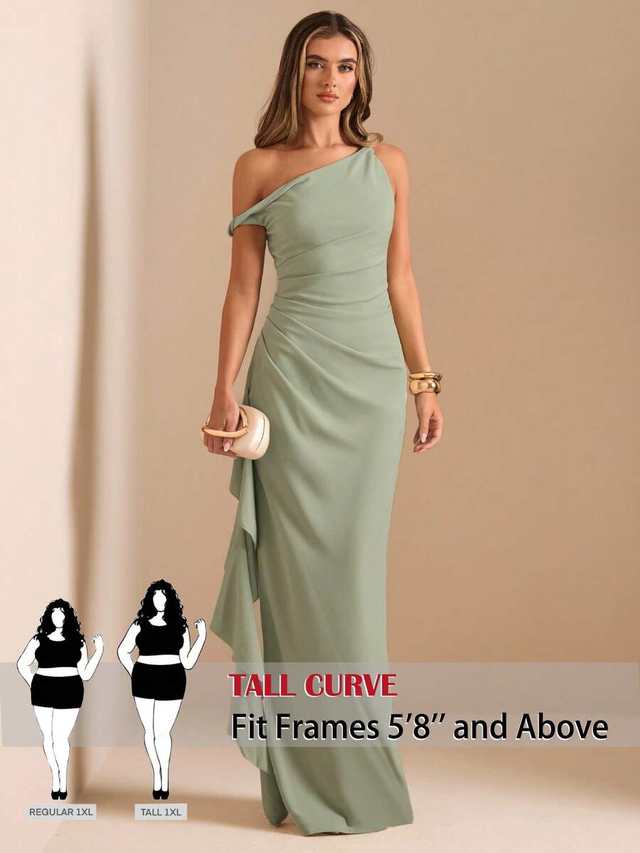 SHEIN Tall CURVE CURVE Vestido midi elegante de talla grande para mujer alta, color verde salvia, hombro asimétrico, fruncido, cintura alta y ceñida, atuendo de verano para invitada de boda y fiesta - Limelight Green - Ver 1