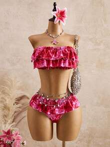 Bellisia 女士度假沙滩扎染印花荷叶边泳衣套装 - 中紫紅色 - 查看 1