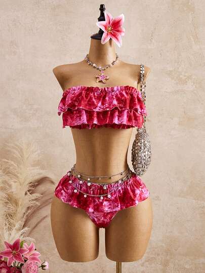 Bellisia Bộ đồ bơi nữ đi nghỉ mát, in họa tiết tie-dye, có bèo nhún.