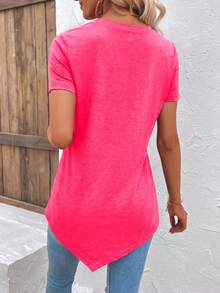 EMERY ROSE Women's Solid Color Round Neck Short Sleeve Button Design Casual Asymmetric Hem T-Shirt - Coral Pink - View 2