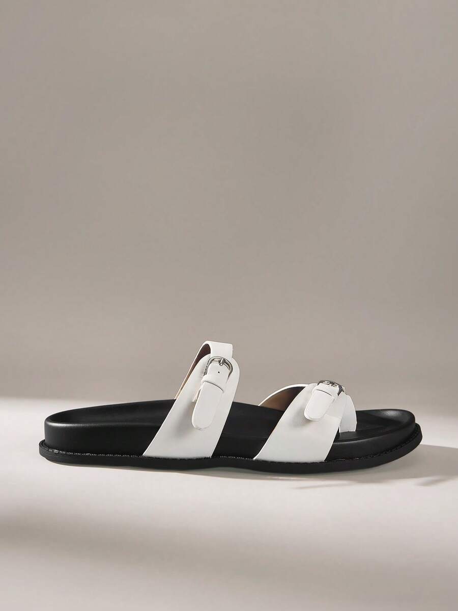 Solecia Sandalias planas cómodas para caminar en casa o al aire libre, con hebilla de dos palabras, de estilo sencillo para damas en primavera y verano - Blanco - Ver 1