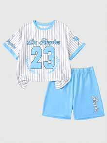 SHEIN 少女时尚休闲字母条纹印花圆领短袖T恤和短裤两件套 - 藍色 - 查看 6