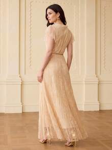 ZEYLAH 女士V领褶皱长袖连衣裙，春夏款 - 杏色 - 查看 3